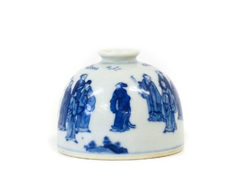 A Chinese Porcelain Brush Washer, Kangxi reign marks but not of the period, of domed form with everted rim, painted in underg