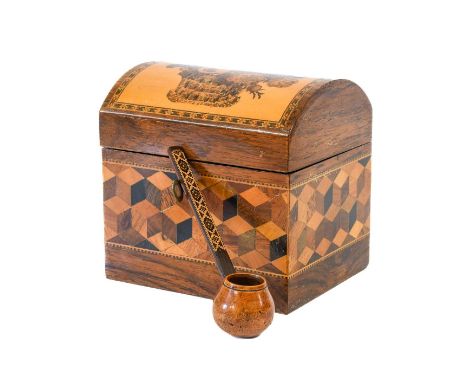 A Victorian Rosewood and Tunbridgeware Tea Caddy, of rectangular form, the domed hinged cover with a basket of flowers enclos
