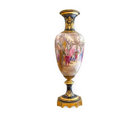 A Gilt Metal Mounted Sèvres-Style Earthenware Vase, late 19th/early 20th century, of baluster form with trumpet neck, painted