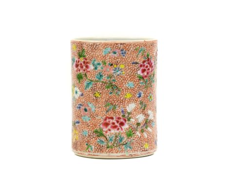 A Chinese Porcelain Brush Pot, probably Yongzheng/early Qianlong, painted in famille rose enamels with flowersprays and scatt