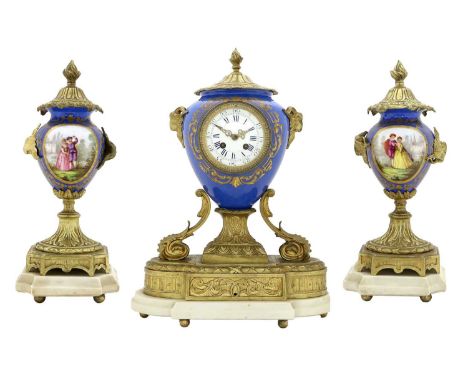 A French Gilt Metal and Porcelain Mounted Striking Mantel Clock Garniture, circa 1880, blue porcelain urn shaped case with a 