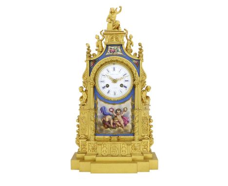 A French Ormolu and Porcelain Mounted Striking Mantel Clock, signed Raingo Fres A Paris, circa 1840, the Gothic style case wi