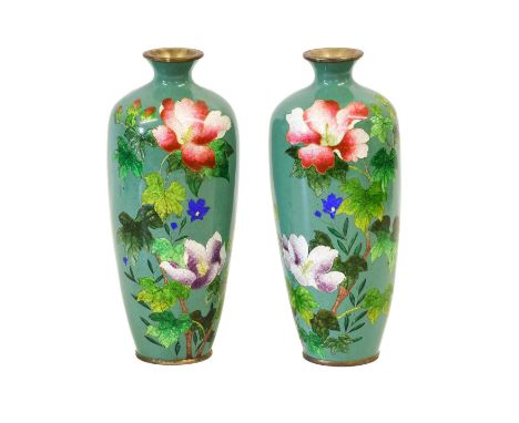 A Pair of Ginbari and Cloisonne Enamel Vases, Meiji/Taisho period, of slender baluster form with flared necks, decorated with
