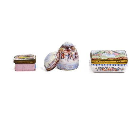 An Enamel Bonbonniere and Cover, probably German, mid 18th century, painted with Kauffahrtie7cm highAn Enamel Snuff Box and C