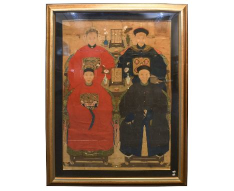 Chinese School (Qing Dynasty)An Ancestor Portrait, depicting four figures flanking two tables with panels of calligraphy in t