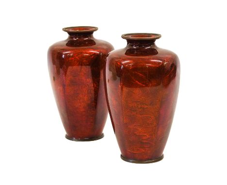 A Pair of Japanese Red Ginbari Enamel Vases, Taisho period, of hexagonal baluster form with everted necks, decorated with dra