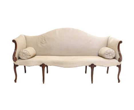 ~ A George III Mahogany Camel-Back Three-Seater Sofa, late 18th century, recovered in geometric beige fabric, the moulded fra