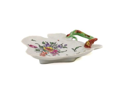 A Worcester Porcelain Leaf Dish, circa 1760, naturalistically modelled with crabstock handle, printed with insects and flower