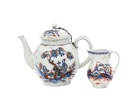 A John &amp; Jane Pennington Liverpool Porcelain Teapot and Cover, circa 1780, printed in underglaze blue and overpainted in 