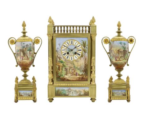 A Gilt Metal and Porcelain Mounted Striking Mantel Clock Garniture, circa 1880, case with a balustrade pediment and fruit fin