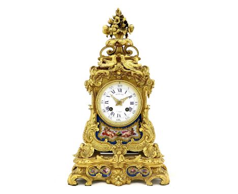 A French Ormolu and Porcelain Mounted Striking Mantel Clock, signed Raingo Freres, Paris, circa 1870, the elaborate case surm