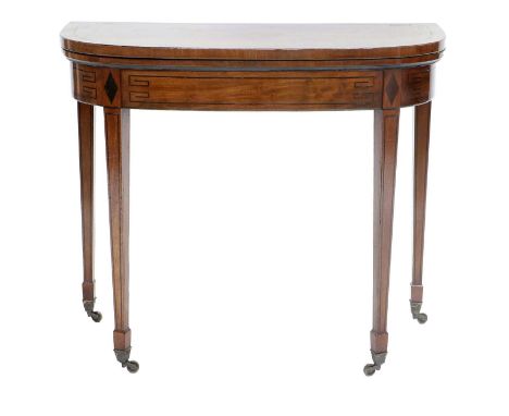 A Regency Plum Pudding Mahogany and Ebony-Strung D-Shape Card Table, early 19th century, the strung top enclosing a later vel