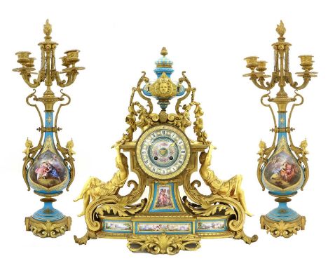 A French Ormolu and Porcelain Mounted Striking Mantel Clock Garniture, circa 1880, turquoise porcelain urn finial with a cent