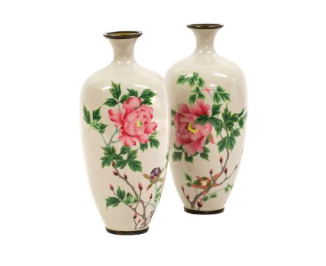 A Pair of Japanese Cloisonne Enamel Vases, Meiji/Taisho period, of baluster form with flared necks, decorated with flowering 