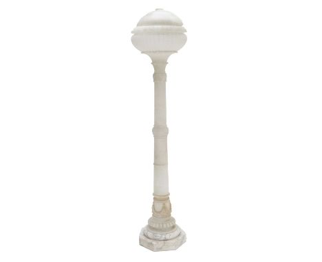 An Early 20th Century Carved Alabaster and Marble Standard Lamp, the moulded shade above a sectional column support, the base