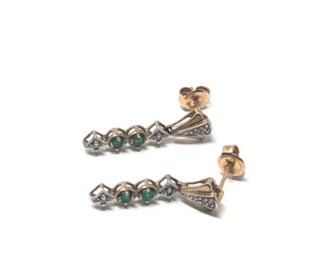 9ct gold vintage emerald &amp; diamond drop earrings (2g) 