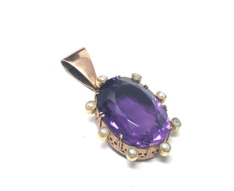 9ct gold vintage amethyst &amp; pearl halo pendant (6.7g) 