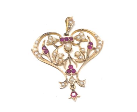 14ct gold antique ruby &amp; pearl ornate lavalier pendant (5.8g) 