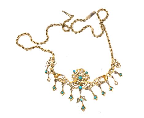 Vintage egyption gold turquoise &amp; seed pearl necklace missing some stones &amp; chain is detached one side so in need of 