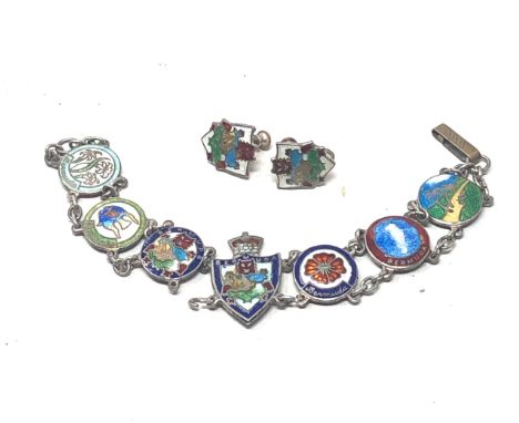 .925 sterling silver enamel souvenir bermuda panel bracelet and screw back earrings (28.4g) 