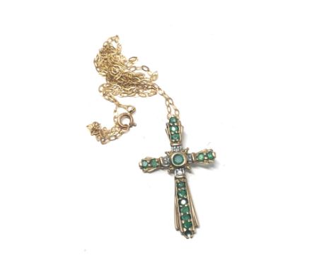 9ct gold vintage emerald &amp; diamond cross pendant necklace (1.7g) 