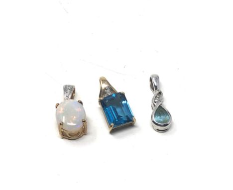 3 x 9ct gold diamond &amp; gemstone pendants inc. topaz &amp; opal (3.1g) 