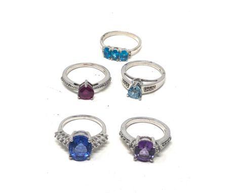 5 x .925 sterling silver gemstone rings including amethyst, ruby, topaz, tggc (16.7g) 