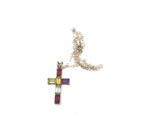 9ct gold vintage topaz garnet, amethyst, citrine &amp; peridot cross pendant necklace (1.7g) 