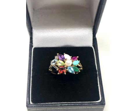 9ct gold multi-stone cluster statement ring inc. ruby, aquamarine, emerald &amp; opal (2.7g) 