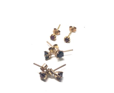 3 x 9ct gold paired gemstone stud earrings inc. sapphire, garnet &amp; ruby (1.4g) 