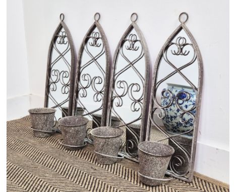 ARCHITECTURAL GARDEN MIRRORS, a set of four, each with plant pots, 56cm H. (4)