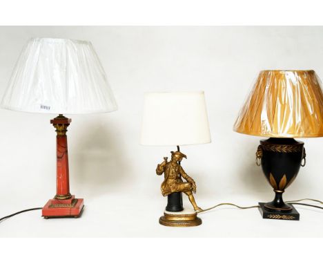 TABLE LAMPS, including mid 20th century French gilt metal and marble, with 18th century gentleman figure, 46cm H, together wi
