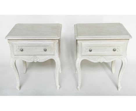 BEDSIDE/LAMP TABLES, a pair, French Louis XV style traditionally grey painted each with frieze drawer shaped apron and cabrio