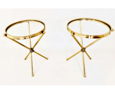 SIDE TABLES, a pair, gilt metal tripod bases with circular glass tops, 55cm H x 43cm W x 43cm D. (2)