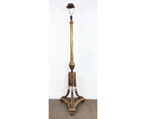 STANDARD LAMP, early 20th century giltwood with fluted column and triform supports, 157cm tall excluding electric fitting.