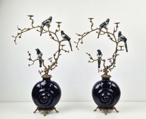 CANDELABRA, a pair, blue parrot glazed ceramic design, 65cm H. (2)