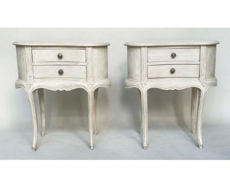 LAMP TABLES, a pair, French Louis XV style, traditionally grey painted each with two drawers and shaped supports, 64cm W x 36