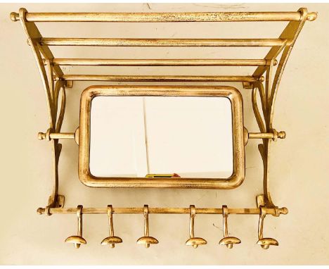 PORMANTEAU LUGGAGE RACK, Art Deco style gilt metal with rotating mirror, 54cm H x 36cm W x 36cm D.