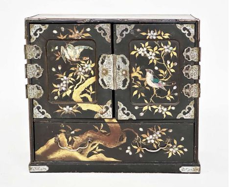'BIRD' TABLE TOP CABINET, 19th century Chinese Quing dynasty gilt lacquered and mother of pearl inset and silver mounted, wit