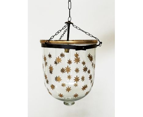 BELL JAR  HALL LANTERN, gilt star decorated bell jar, glass with bronze style mounts, 64cm H approx x 30cm W.