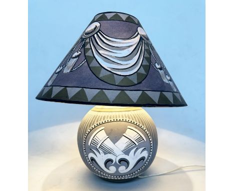CRESSIDA BELL TABLE LAMP, handprinted lampshade and lamp base, 46cm H.