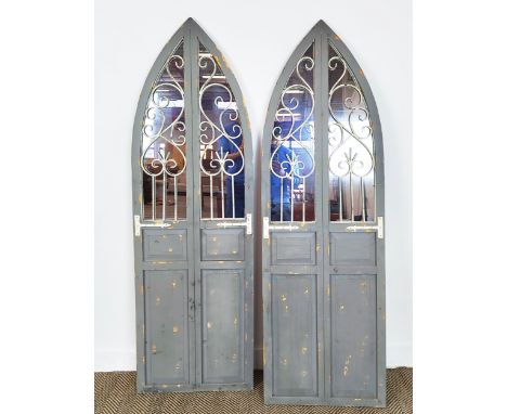 ARCHITECTURAL WALL MIRRORS, a pair, Gothic style painted arched frames, 180cm H x 57cm. (2)