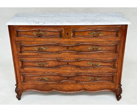 HALL COMMODE, late 19th century French walnut of adapted shallow proportions with five drawers and shaped carved supports, an