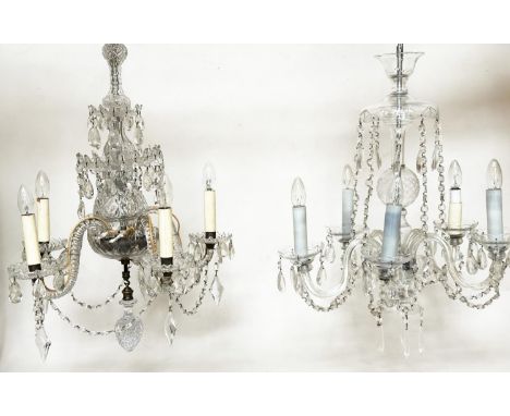 CHANDELIERS, two early/mid 20th century etched and incised glass with five branch candelabra and cut glass drops, approx 90cm