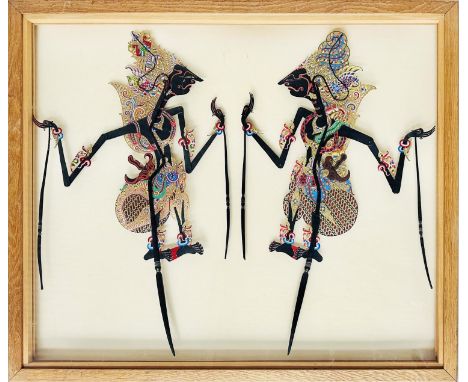 JAPANESE SHADOW PUPPET STYLE CARTOON, hinged and framed, 94cm W x 79cm H.