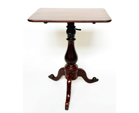 TRIPOD TABLE, Victorian mahogany, rectangular with adjustable column, tilt action and curved tripod support, 61cm x 46cm D x 