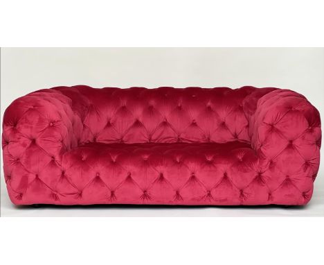 SOFA, scarlet velvet all over deep button upholstered with rounded arms, 195cm W.