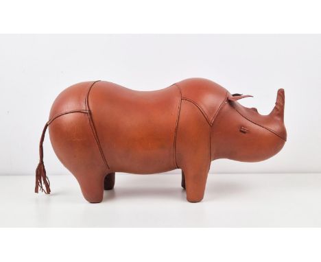 RHINO FOOTSTOOL, in tan leather, 30cm H x 52cm.