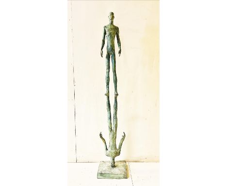 CONTEMPORARY FIGURAL REFLECTION SCULPTURE, bronzed in a verdigris finish, 117cm H x 21cm W x 19cm D.