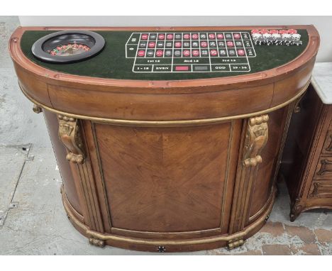 CASINO BAR TABLE, demi lune with removable top revealing green baize games top with roulette wheel and chips, 110cm H x 142cm